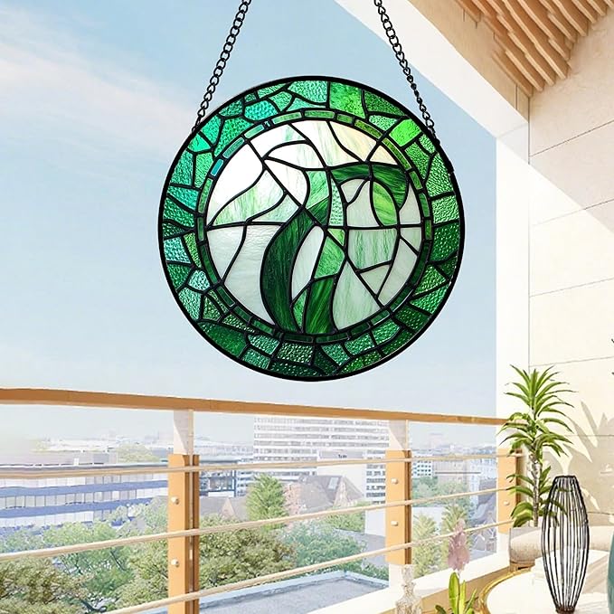 Stained Glass Window Hanging Abstract Green Plants Large 15" - Suncatcher Door Garden Sun Catcher Home Ireland Decor Birthday Mother's St Patrick's Day Gifts for Mom Men Woman Wife Friends