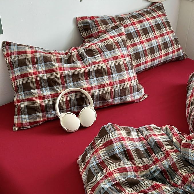 LifeTB Full Comforter Set Vintage Buffalo Plaid Comforter Set, 3 Pieces Red Brown Grid Checkered Comforter with 2 Pillowcases, Breathable Soft Farmhouse Grid Pattern Printed Plaid Gingham Bedding Set