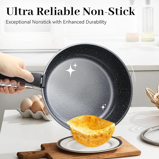5PCS Pots and Pans Set Non Stick, Kitchen Cookware Sets with Detachable Handle, Ceramic Cookware Sets, Non Stick RV Cookware Cooking Set, Dishwasher 竊?Oven Safe, PFOA Free, Black