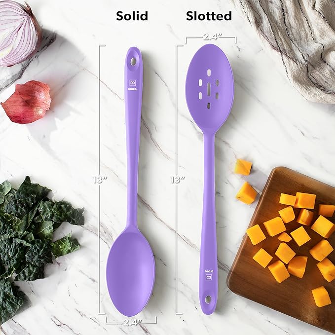 DI ORO Silicone Spoons for Cooking - Large Kitchen Spoons for Mixing, Serving & Stirring - 600째F Heat-Resistant Non Stick Utensils ??Big Solid & Slotted Basting Spoon - Dishwasher Safe (2pc, Lavender)