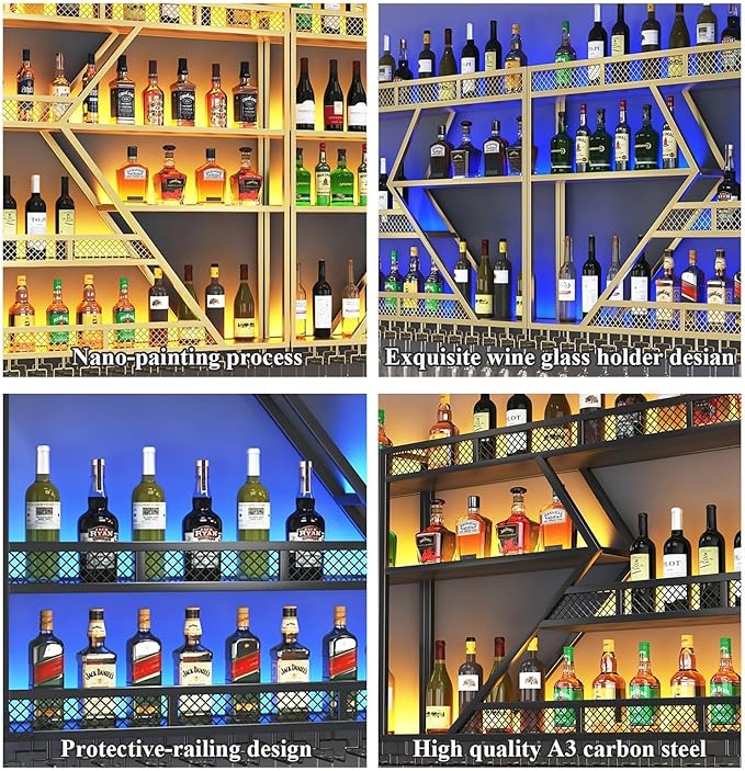 Metal Wine Rack Wall Mounted, Modern Wine Storage Rack Wall Mounted with Wine Glass Holder, Liquor Shelf, Bar Shelves for Liquor Bottles (3 Tiers Gold, 94.48 * 7.87 * 33.85INCH)