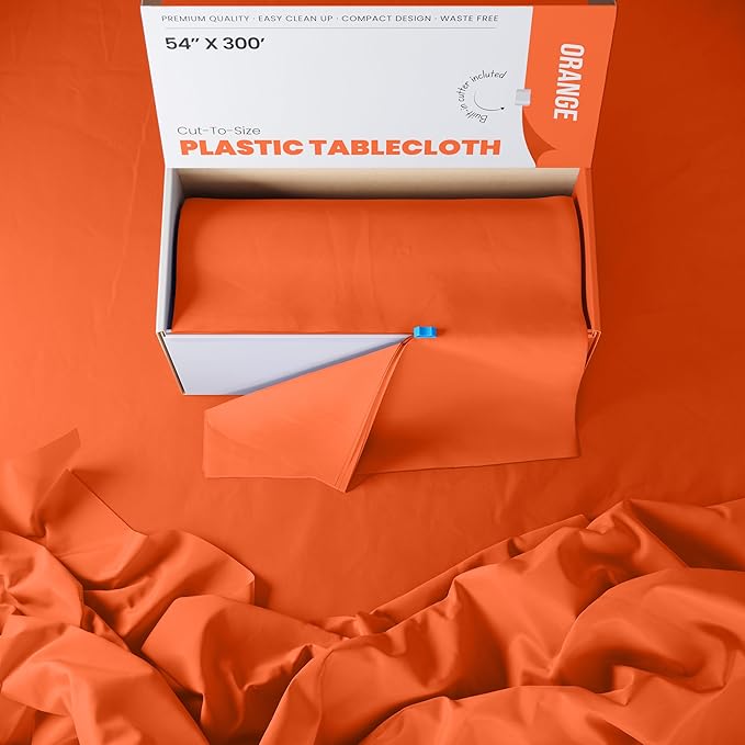 Party Solids 54 Inch X 300 Feet Orange Plastic Table Cover Roll in A Cut - to - Size Box with Convenient Slide Cutter. Cuts Up to 36 Rectangle 8 Feet Plastic Disposable Tablecloths