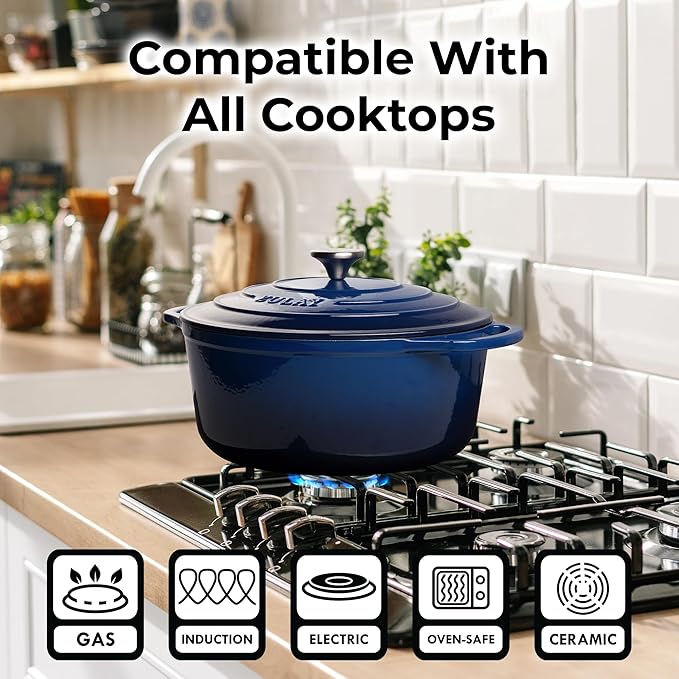 Zulay Kitchen 7.7 Quart Enameled Cast Iron Dutch Oven Pot with Lid ??Premium Durability & Oven Safe up to 500째F ??Heavy Duty Cookware Perfect for Bread Baking, Stews, Braising & Roasting ??Blue