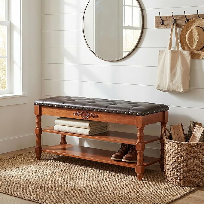 TRIBEWOOD 39-inch End of Bed Bench, Faux Leather Tufted Storage Bench with Lift Top Seat and 2 Tier Storage Shelves, Bedroom Bench Footrest Stool with Hidden Storage and Wood Leg, Vintage Style