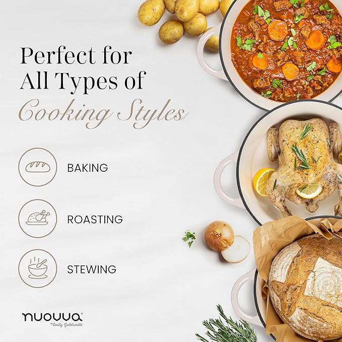 Nuovva Enamelled Cast Iron Dutch Oven Pot with Lid 6.4 Quart Non Stick Casserole Pot ??Heavy Duty & Oven Safe up to 500째 F for Bread Baking, Braising, Stews, Roasting ??28cm Oyster