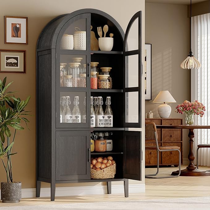 ONBRILL 71" Tall Arched Cabinet, 5-Tier Arched Kitchen Pantry with Glass Doors & Shelves, Modern Display Arch Cabinet with Adjustable Feet, Wooden Pantry for Living Room, Dining Room (Black)