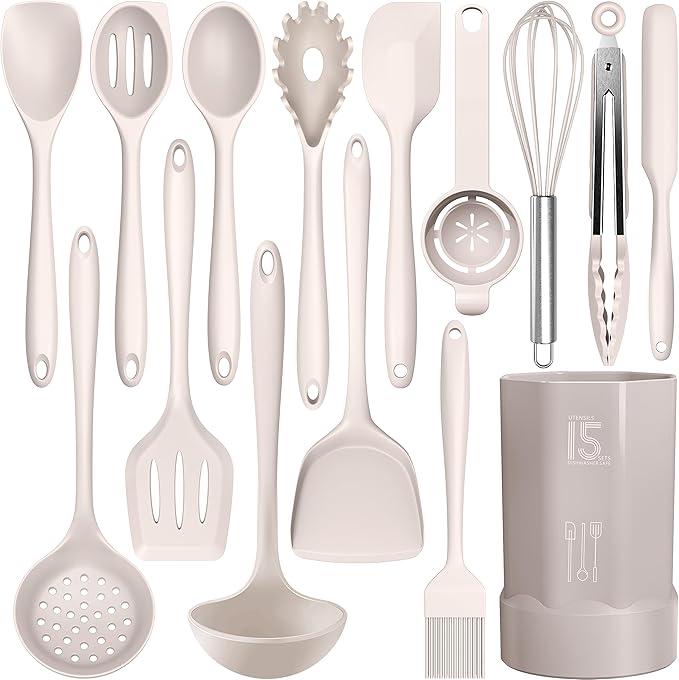 AOTHOD Silicone Cooking Utensils Set - 446째F Heat Resistant Kitchen Utensils,Turner Tongs,Spatula,Spoon,Brush,Whisk,Kitchen Utensil Gadgets Tools Set for Nonstick Cookware,Dishwasher Safe (BPA Free)