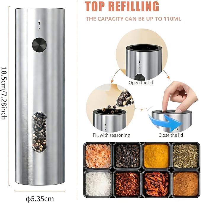 Electric Salt and Pepper Grinder Set, Rechargeable Stainless Steel with USB-C Dual Charging Base, Upgraded Large Capacity, Adjustable Coarseness & Bright LED Light, Kitchen Essentials