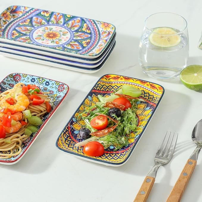 glowworm Porcelain Appetizer Plates Set of 6, 8.5 Inch Rectangular Salad Plates for Sushi, Dessert, Christmas Serving Platters, Serving Tray for Party, Microwave & Oven Safe, Bohemian