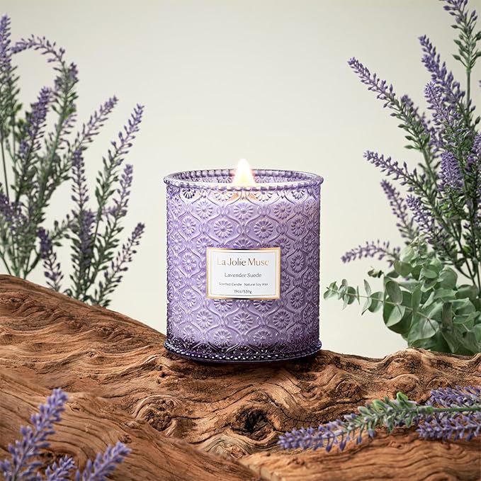 LA JOLIE MUSE Lavender Suede Candle ??Eucalyptus, Lavender & Sandalwood 19 oz Large Wooden Wick Candle | Natural Soy Wax | 90 Hours Clean Burn | Aromatherapy Candle for Relaxation
