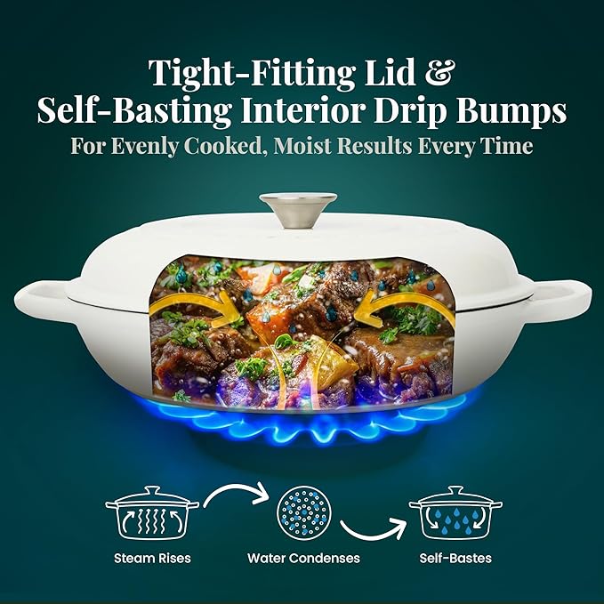 Larder & Vine Enameled Cast Iron Braiser | 3.6 qt Braiser Pan with Lid | Shallow Dutch Oven Compatible on All Cooktops | Casserole Dish Oven Safe to 500째 F | Dual Handles | White