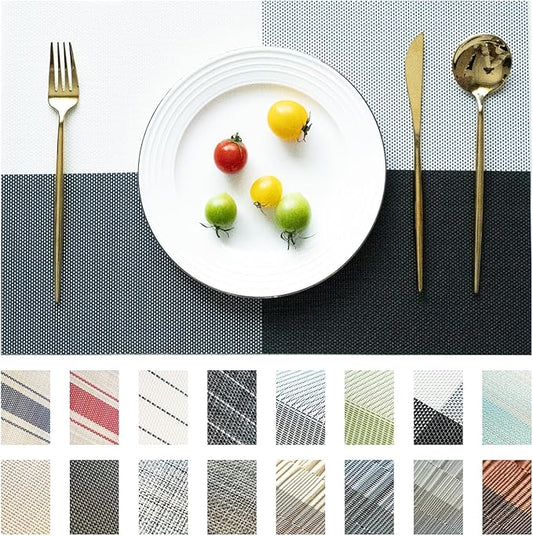 SUMYMERY Placemats Set of 6 Vinyl/Plastic Woven Place Mats for Kitchen Table Indoor/Outdoor Washable Placemat Wipeable Dining Table Mats (Grey Grid,6)