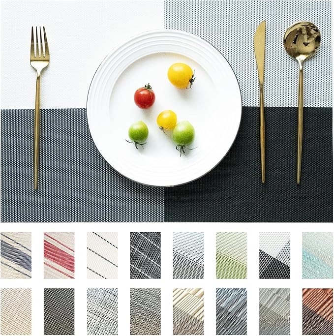 SUMYMERY Placemats Set of 12 Vinyl/Plastic Woven Place Mats for Kitchen Table Indoor/Outdoor Washable Placemat Wipeable Dining Table Mats (Grey Grid,12)