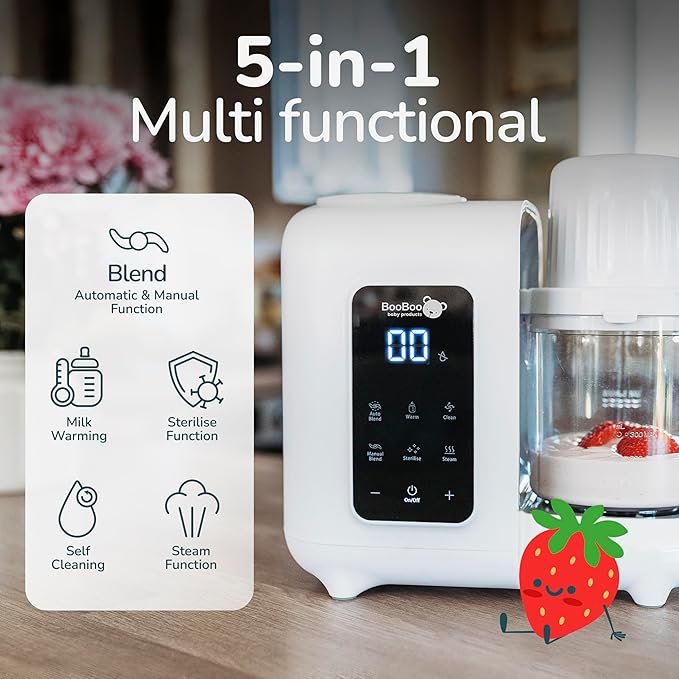 BooBoo PuréePro® 5 in 1 Baby Food Maker, Multifunctional Puree Blender Processor, Auto Cooking & Grinding Chopper, Includes Steamer, Bottle Warmer, Steriliser & Self Cleaning Operation