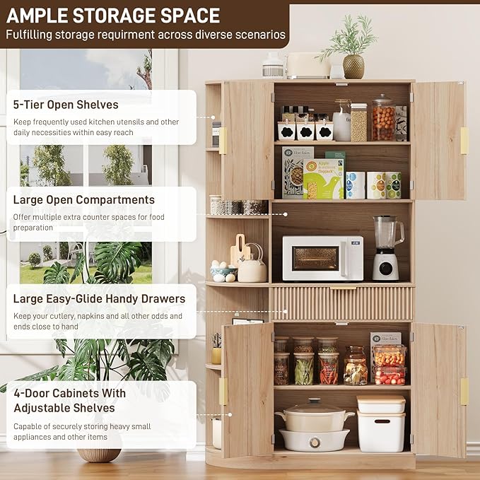 Vabches Kitchen Pantry Cabinet with 5 Side-Opening Storage cabinets, Pull Out Drawers, 2 Fluted Doors and Adjustable Shelves, Wood Hutch Cabinet with Storage for Kitchen, Dining Room and Living Room
