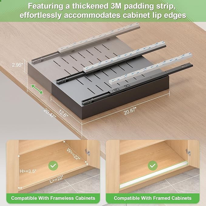 Expandable Pull-Out Cabinet Organizer - Black, 21" D x Adjustable Width 12.6-20.47", No Drill Adhesive Installation with 3-Slide Rails for Kitchen Storage (2 Pack)
