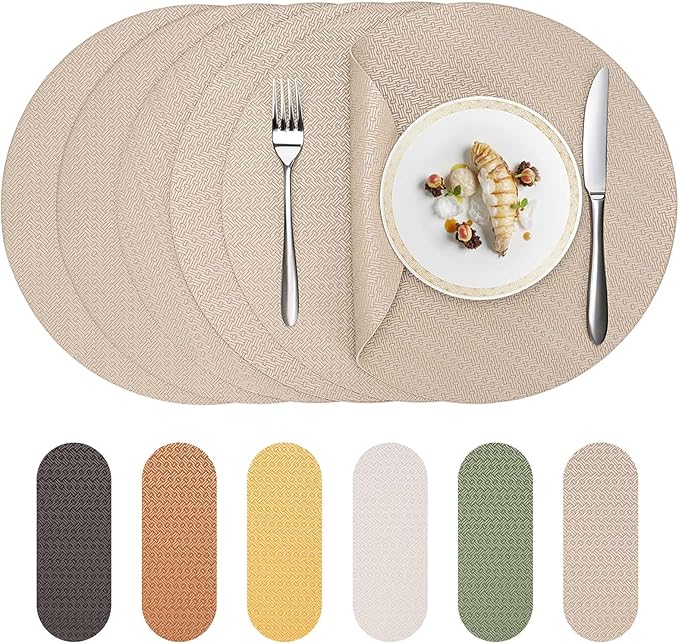 PROMATTOO Round Faux Leather Placemats Set of 4 – 13 Inch Vinyl Table Mats, Heat Resistant, Non Slip, Wipeable & Washable, Easy to Clean Dining Table Decor for Kitchen & Dining Room（Light Taupe）