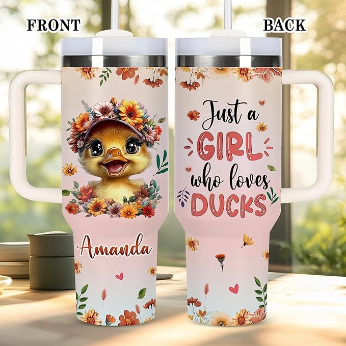 AGGLOMEKC Personalized Cute Duck Cup - Mother's Day Birthday Gift For Animal Lovers - Just A Girl Who Loves Duck Tumbler 40oz With Custom Name - Pet Lover Gifts For Women, Her