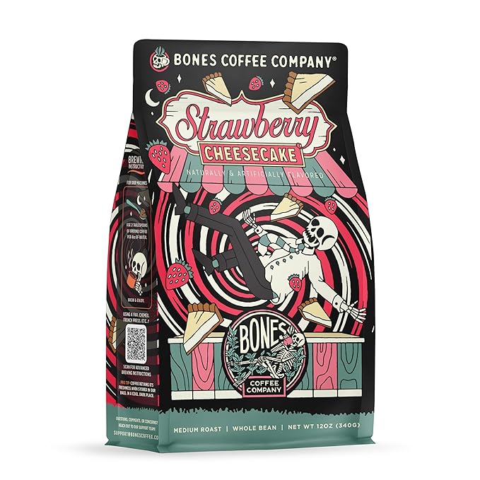 Bones Coffee Company Strawberry Cheesecake Flavored Coffee, Medium Roast Low Acid Arabica Beans Compatible with Auto drip and French Press Coffee Maker, 12 Oz Whole Bean