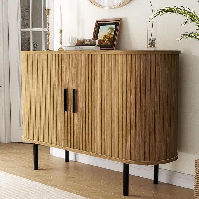 EAG Buffet Cabinet with Storage, 47" Fluted Cabinet with Sliding Doors/Adjustable Shelves/Curved Profile, Credenza Sideboard Cabinets for Living Room, Kitchen, Entryway