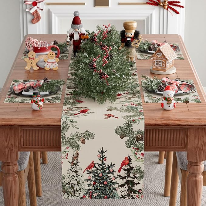 XCHI Cardinal Birds Winter Pine Tree Christmas Xmas Table Runner Table Decoration for Home Kitchen Dining Holiday Decor 13x120 Inch