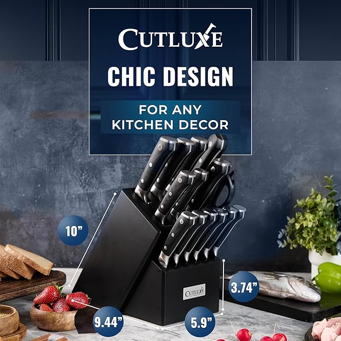 Cutluxe 15-Piece Knife Set ??Premium Black Wood Block ??Knife Set for Kitchen, Ultra Sharp High Carbon German Stainless Steel, Full Tang ??Artisan Series