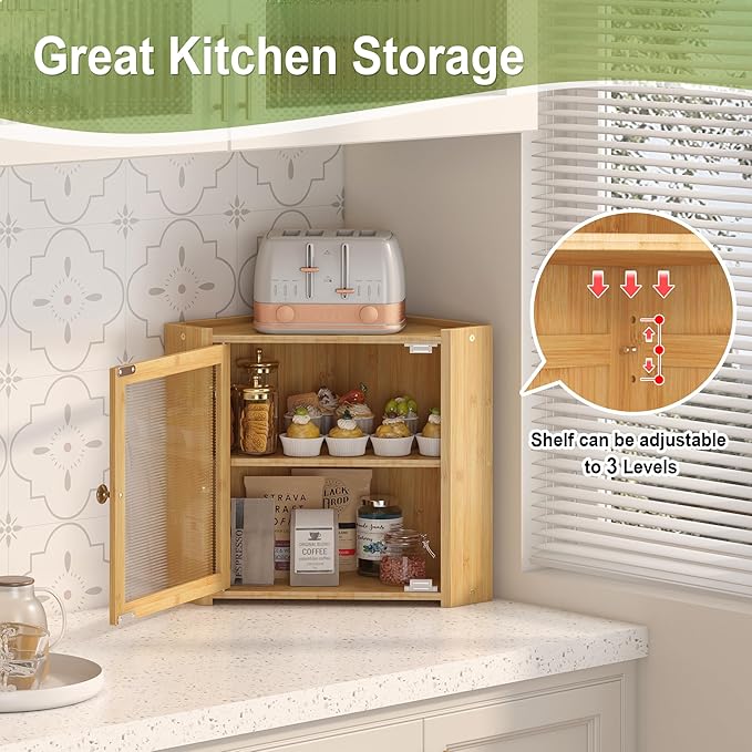 Corner Bread Box for Kitchen Countertop, Large Bread Container Storage Vintage Wooden Farmhouse Bread Box with Window for Homemade Bread Holder (Bamboo)
