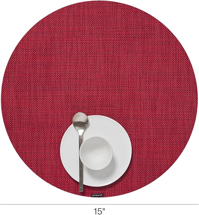 Chilewich Mini Basketweave Placemats in Scarlet- Set of 4 - Easy Care Woven Tabletop Textiles - Indoor/Outdoor - 15" Round