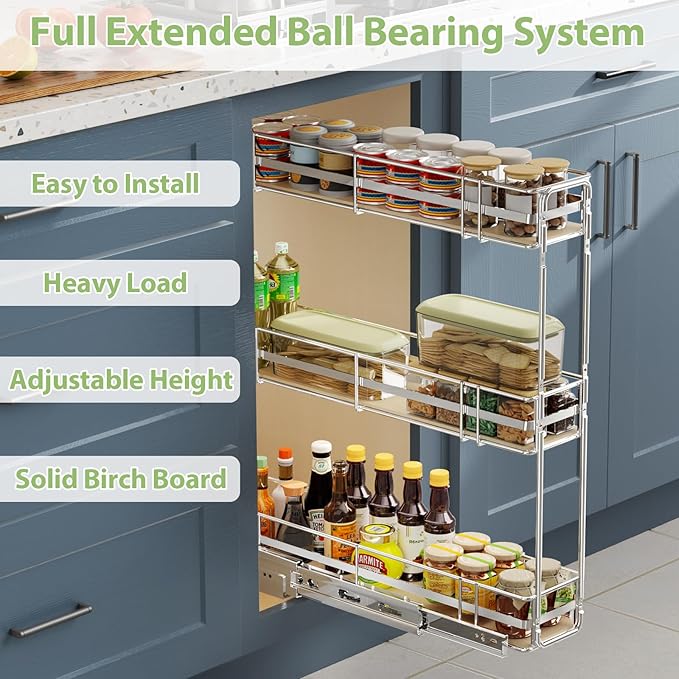 ROOMTEC 3-Tier Pull Out Cabinet Organizer Spice Rack for Narrow Cabinet 6" W x 20쩍" D, Slide Out Wood Shelves Storage for Kitchen