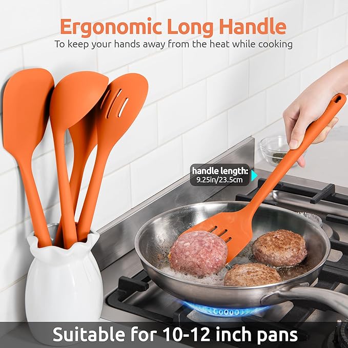 Silicone Kitchen Cooking Utensil Set: U-Taste 600쨘F Heat Resistant 13.6in Extra Long Kitchen Tools, Food-Grade Non-Stick Spatula Turner Spoon Ladle for Stir Frying, Serving, Mixing (5 Pieces, Orange)