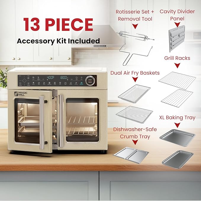 Magic Mill Ultra-Premium Dual-Zone Stainless Steel Air Fryer Toaster Oven Combo, Extra Large 32QT French Door Convection Oven with Next-Gen Patent Technology, 13 Accessories, Rotisserie, Sync Finish