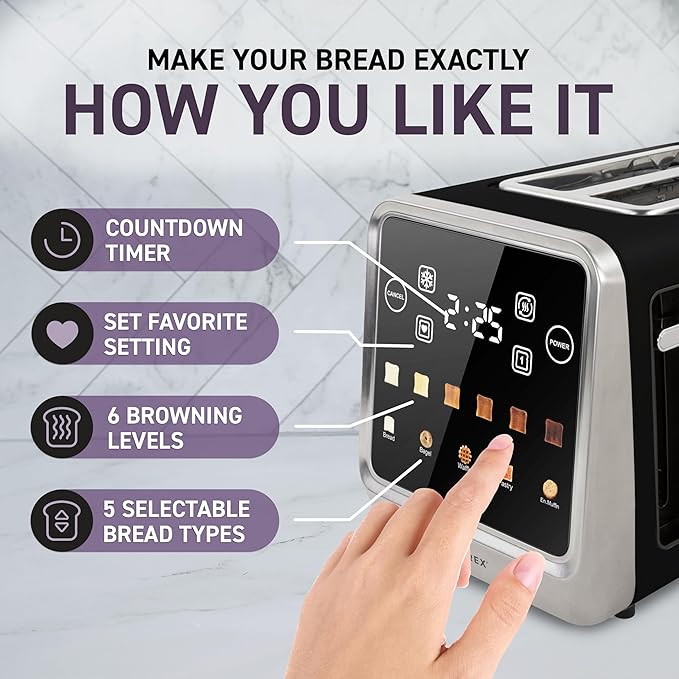 Inspirex Touch Screen Toaster - 2 Extra Wide Slots - 5 Bread Types and 6 Browning Levels - Defrost, Reheat, Favorite, & Single Slot Modes - For Toast, Bagels, & Waffles ??Black