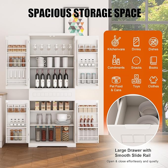 72" Tall Kitchen Pantry Cabinet with Drawer & Adjustable Shelves,Farmhouse Versatile Modern Compact Pantry Storage Cabinet w/12 Door Shelves,Anti-Tip Safety Design for Small Kitchen,Dining Room