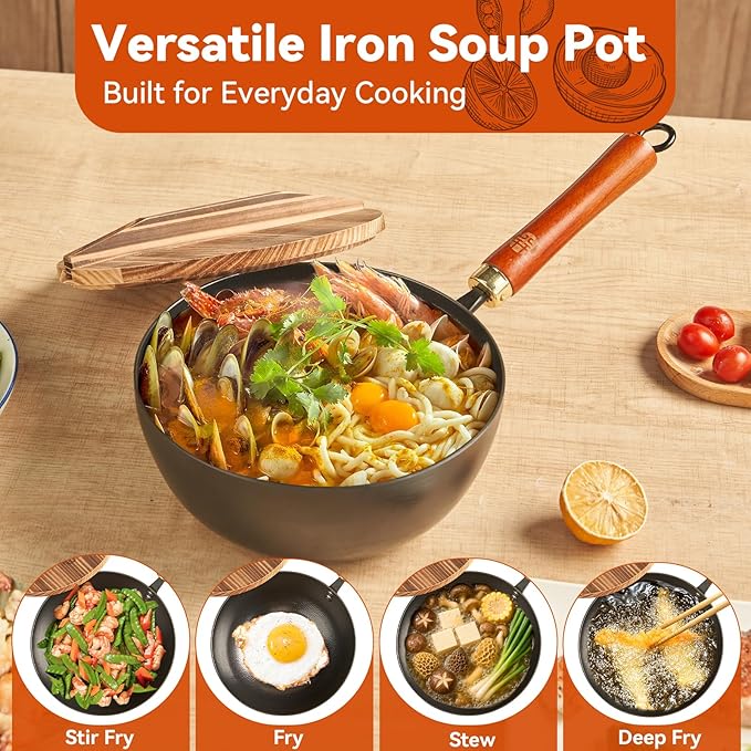 WANGYUANJI 8.6-Inch Small Iron Wok with Wooden Lid and Stainless Spatula, Deep Flat Bottom One-Person Stir Fry Pan, Coating-Free Carbon Steel Wok for Induction, Gas and Electric Stoves