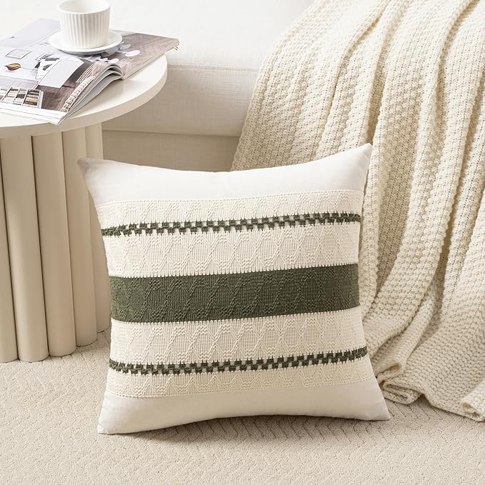 Fancy Homi Set of 2 Boho Moss Green Decorative Throw Pillow Cover 16x16 Inch for Couch Bed Sofa, Aesthetic Modern Organic Farmhouse Home Decor, Soft Cotton Cute Accent Macrame Woven Cushion Case