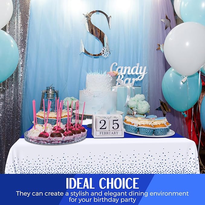 Tudomro 16 Pcs White and Royal Blue Disposable Plastic Tablecloths and Satin Table Runner Set 54x108 Inch Tablecloth 12x108 Inch Table Runners for New Year Wedding Birthday Baby Shower Graduation