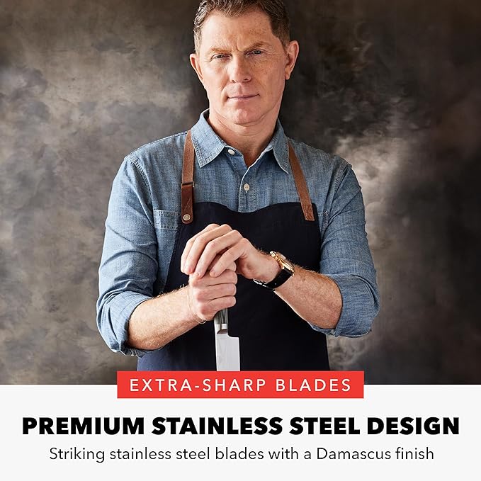 GreenPan x Bobby Flay 5??& 7??Santoku Knife Set, Premium Stainless Steel Blades, Precision Cutting Kitchen Tools, Ultra-Sharp Cutlery, Hand Finished Ergonomic Wood Handle, Damascus Steel Design