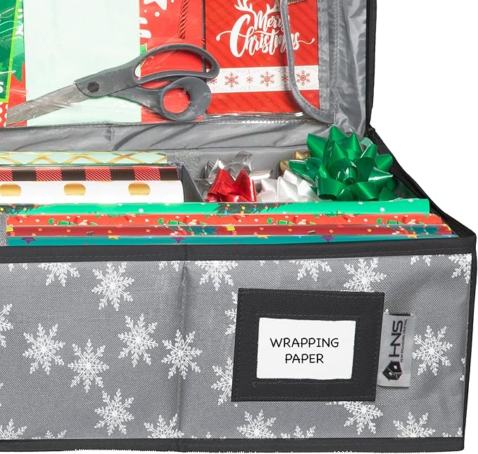 HOLDN??STORAGE Premium Wrapping Paper Storage Container - Durable 600D Tear-Proof, Fits 27 Rolls Gift Wrap, Extra Pockets for Ribbons & Bows, Underbed Storage - Ideal for Holiday Christmas, Grey/White Snowflakes