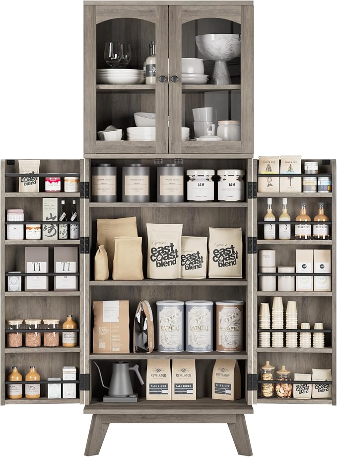 QUW 63.4" Kitchen Pantry Storage Cabinet, Tall Pantry with Glass Doors and Adjustable Shelves, Modern Freestanding Floor Cabinet Cupboard for Kitchen, Living Room, Dining Room, Grey