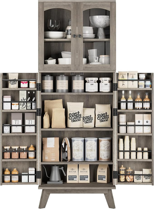 QUW 63.4" Kitchen Pantry Storage Cabinet, Tall Pantry with Glass Doors and Adjustable Shelves, Modern Freestanding Floor Cabinet Cupboard for Kitchen, Living Room, Dining Room, Grey