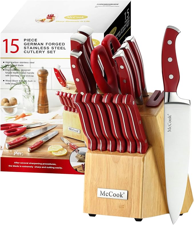McCook짰 Stainless Steel Kitchen Knife Sets with Wooden Block, Kitchen Scissors and Built-in Sharpener, Red