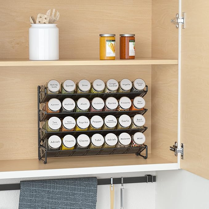 SpaceAid Spice Rack Organizer with 28 Spice Jars, 386 Spice Labels, Chalk Marker and Funnel Set for Cabinet, Countertop, Pantry, Cupboard or Door & Wall Mount - 28 Jars, 13.4" W 횞 10.8" H, White
