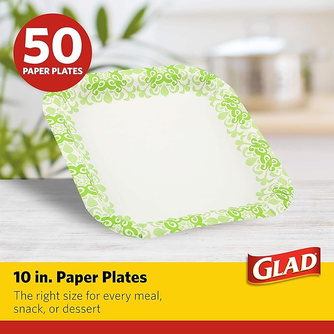 Glad Square Disposable Paper Plates for All Occasions | New & Improved Quality | Soak Proof, Cut Proof, Microwaveable Heavy Duty Disposable Plates | 10" Diameter, 50 Count Bulk Paper Plates