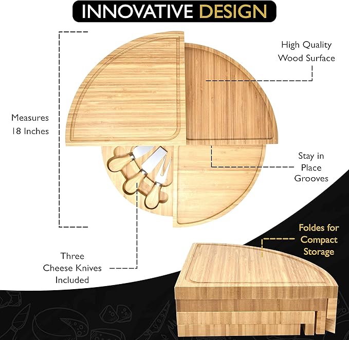 Perlli Bamboo Cheese Board & Knife Set, Large Folding 18 Inch Round Wood Rotating Charcuterie Board Set Cheese Meat Wine Serving Tray Platter, Home Decor