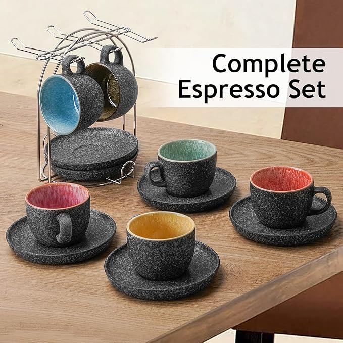 MIAMIO ??2.7 Oz Ceramic Stackable Espresso Cups with Saucers and Metal Stand, Set of 6 Espresso Cup, Demitasse Cups, Coffee Mugs for Espresso, Latte, Caf챕 Mocha & Tea ??Las Palmitas Collection