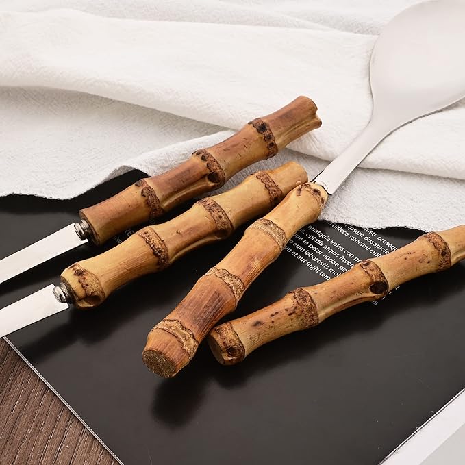 Natural Bamboo Handle Serving Spoons Set of 6, Large Size Stainless Steel Dinner Buffet Catering Banquet Serving Spoons, 10.0" Silver Big Ladle Tablespoons for Home, Family Serving Utensils