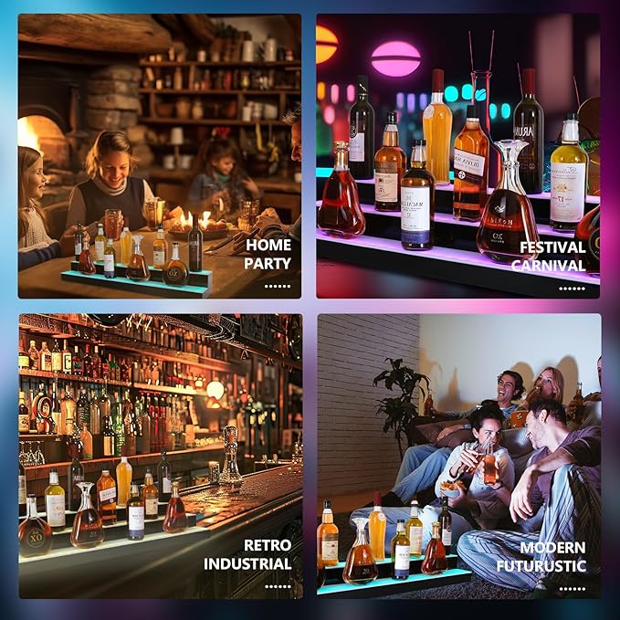 Led Lighted Liquor Bottle Display Shelf, 30 Inch 2 Tier Whiskey Rack, Support USB, Bar Stand with RF Remote & App Control, Illuminated Acrylic Lighting Shelves for Home Bar, Party