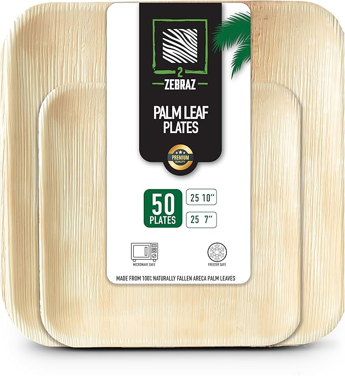 Premium Palm Leaf Disposable Plates ??50pc Square Set: 25pc 10??and 25pc 7?? Heavy-Duty, Microwave Safe, Natural Alternative to Plastic, Ideal for Parties, Weddings, Events, and Everyday Use