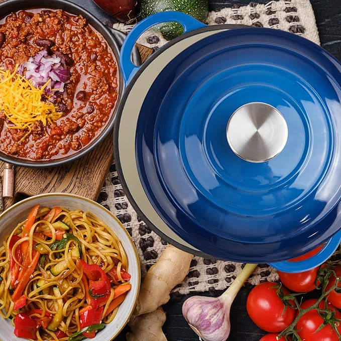 6 Quart Dutch Oven Enameled Cast Iron with Lid - Big Dual Handles - Oven Safe up to 500째F - Classic Round Pot for Versatile Cooking (Blue, 6 QT)