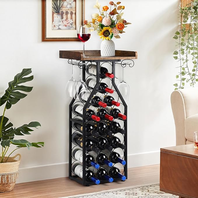 Wine Rack Floating Shelvesr Versatile Liquor Stand for Home Bar Mini Bar Table Wine Holder Stand Liquor Cabinet with Glass Holder Wood Tabletop 19 Bottles Floor Dining Room, Living Room